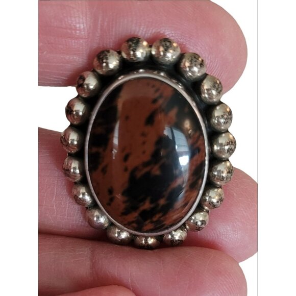 Sterling 925 Mexico Mahogany Obsidian Oval Clip On Earrings K49 - Picture 4 of 9